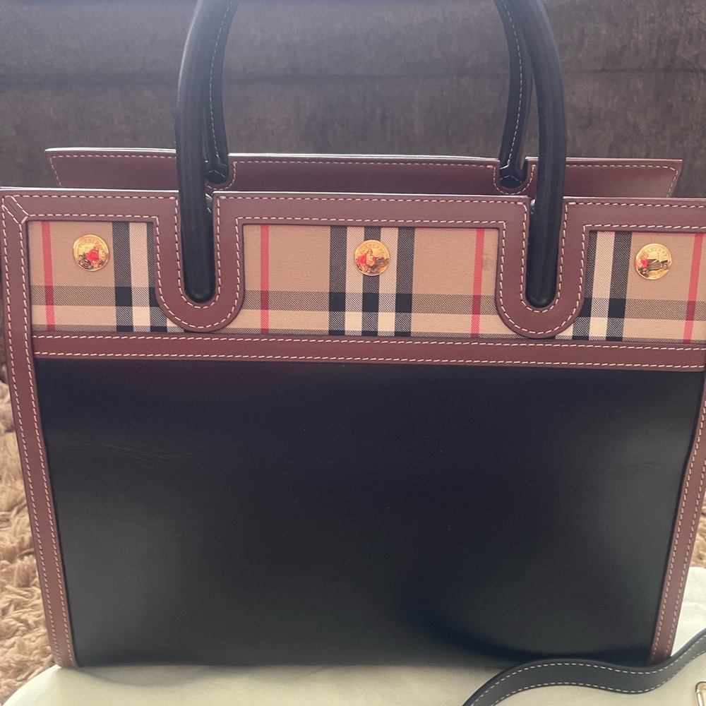 Burberry Title Vintage Check Leather Satchel Black Brown - Picture 13 of 15